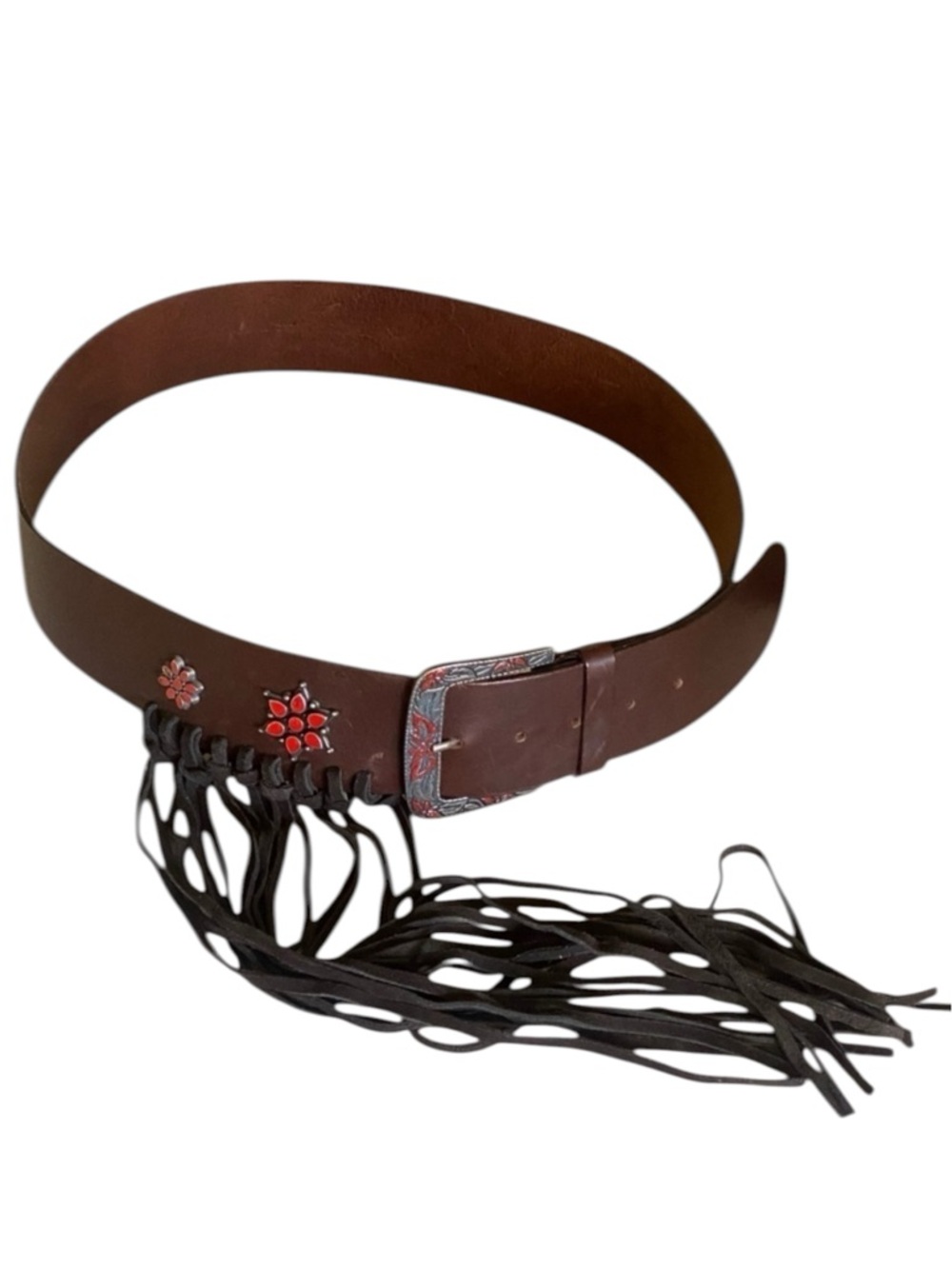 Albatros Wide Fringed Jeweled Leather Belt XL Brown Coastal Cowgirl 90’s Grunge